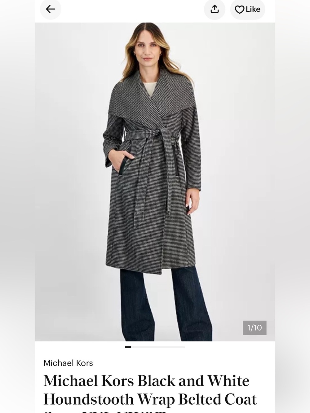 Michael Kors Black & White Houndstooth Wrap Coat with Belt